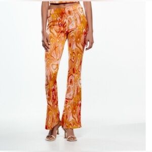 Zara pattern pants printed disco y2k FLARE JACQUARD TROUSER Vibrant Orange Swirl